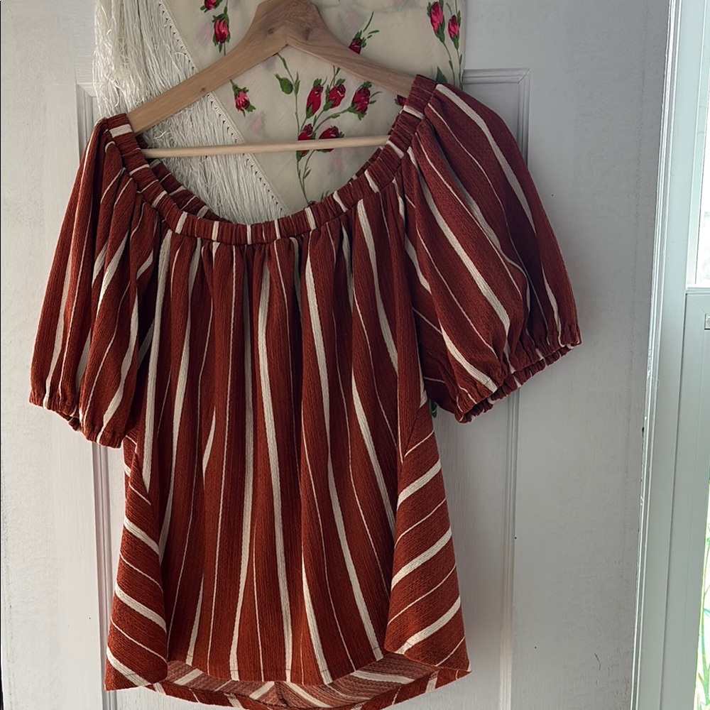 Anthropologie Red and Orange Puff Sleeve Blouse